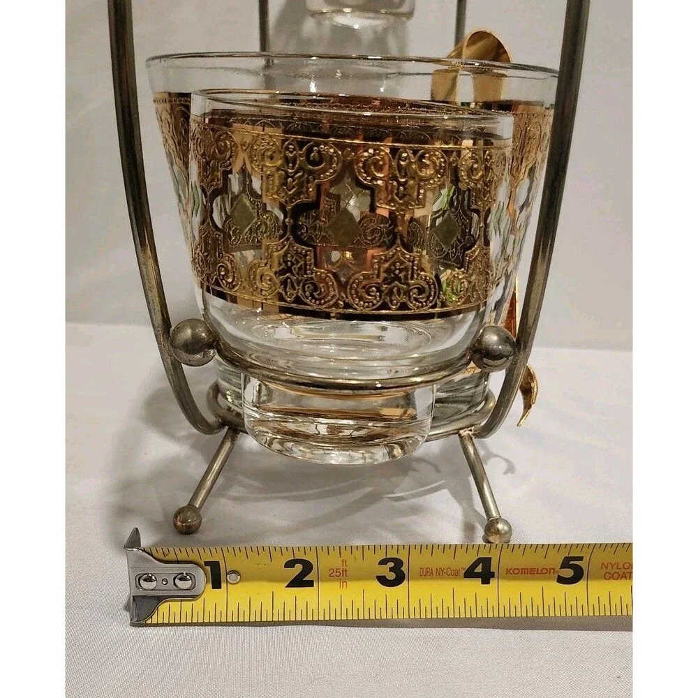 Vintage Culver Valencia 22K Gold 6 Glass Ice Bucket Caddy Set MCM 1960s